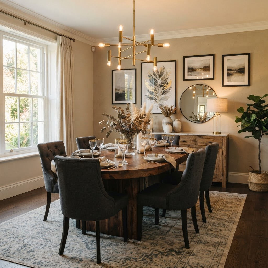Comedor con mesa de madera maciza y seis sillas tapizadas