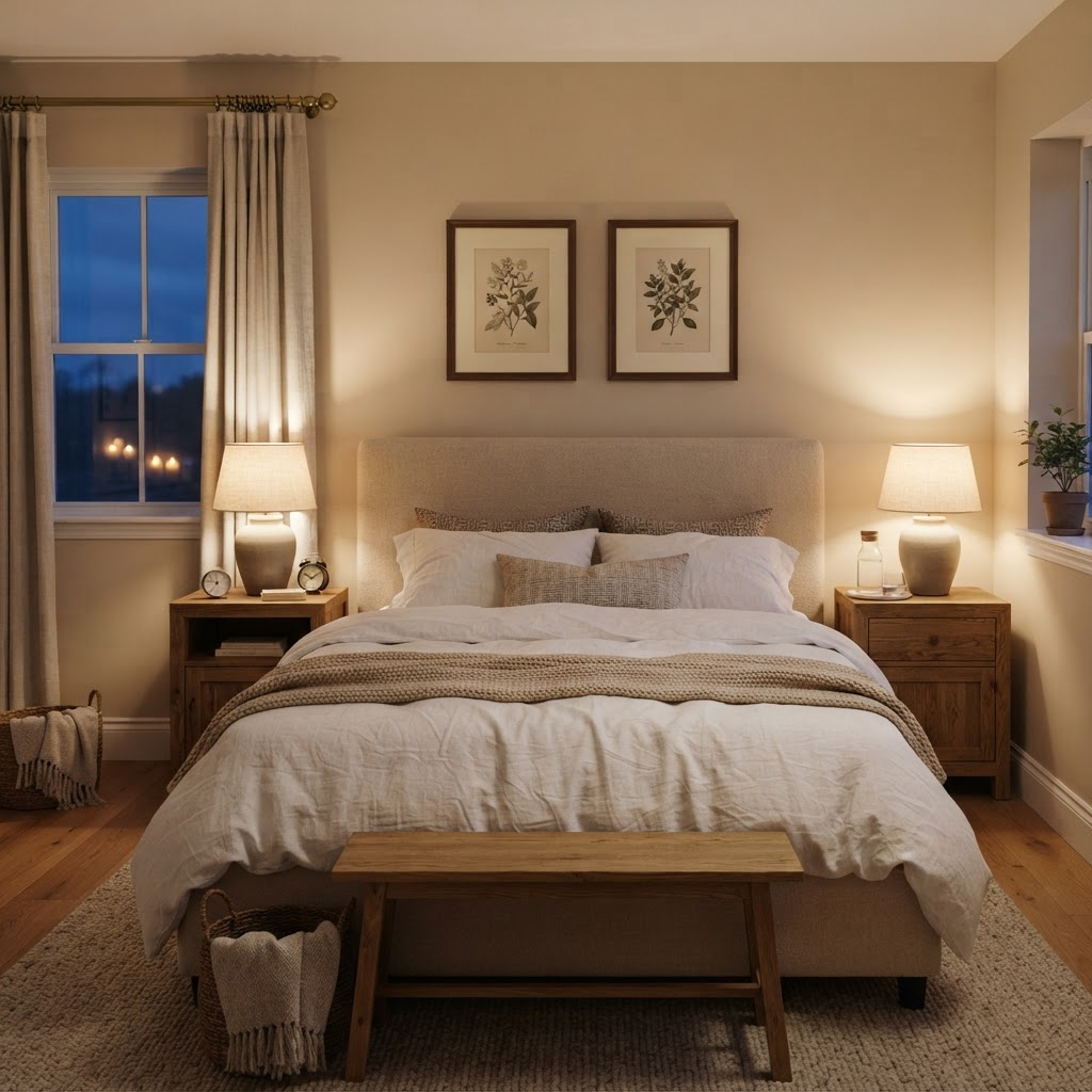 Dormitorio con cama tapizada y mesas de luz de madera