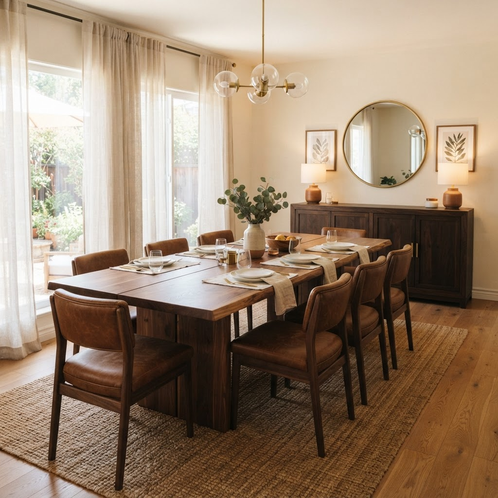Mesa de comedor de madera maciza con ocho sillas tapizadas