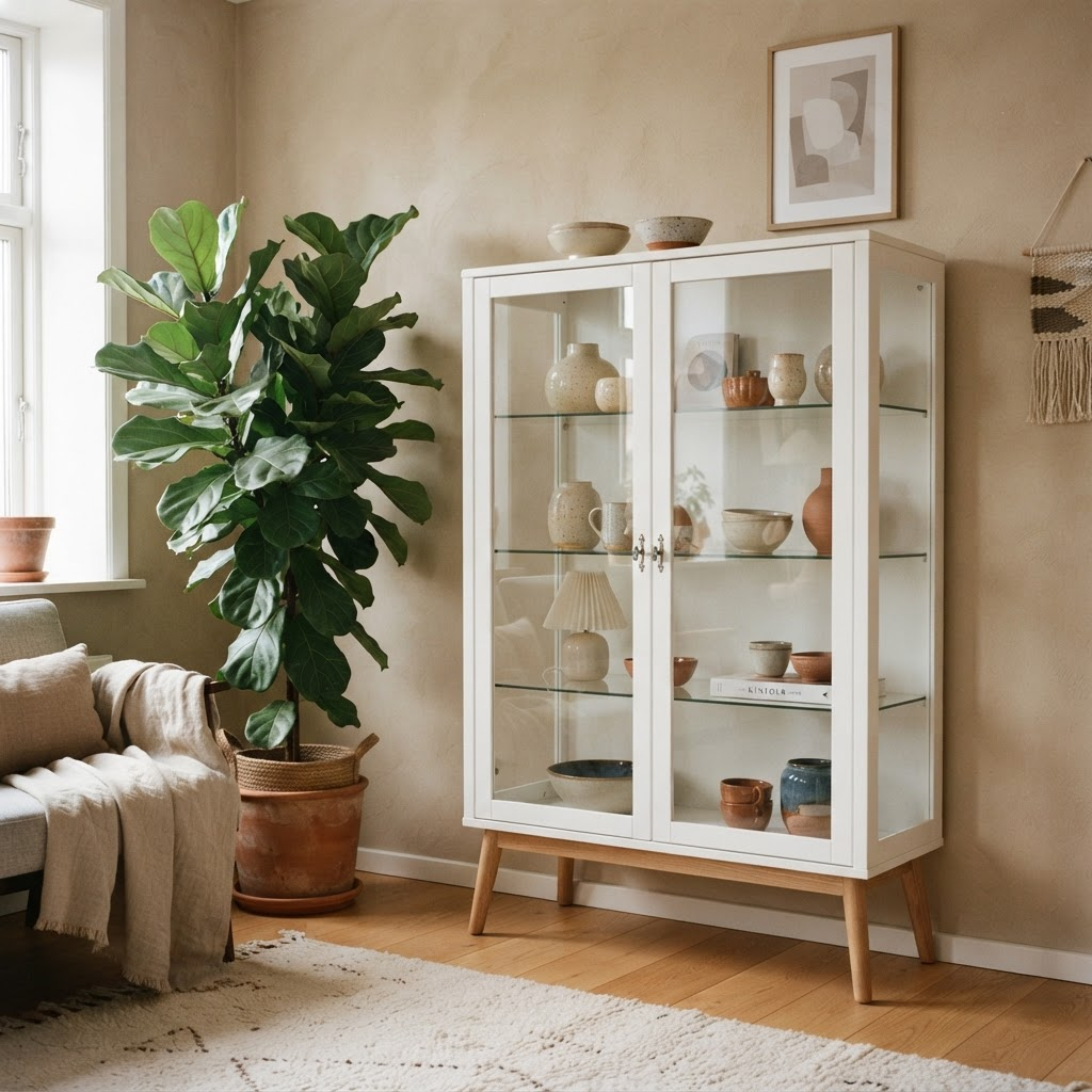 Vitrina blanca con puertas vidriadas y patas de madera